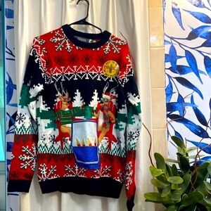 NWT 33 Degrees Reindeer Ugly Christmas Sweater Pocket To Hold Drink Size Small